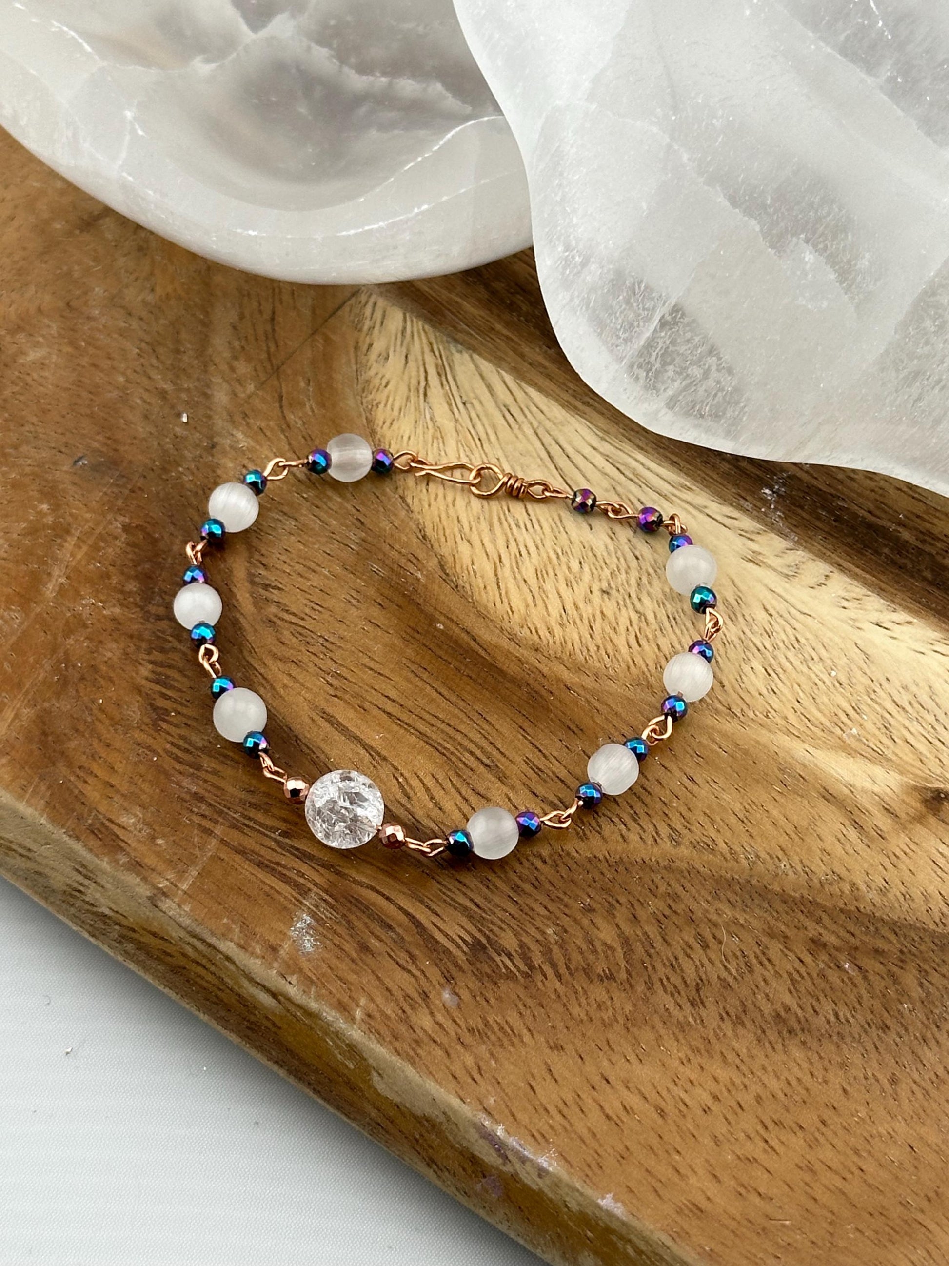 Selenite and rainbow hematite bracelet with large cracked quartz focal stone and copper links