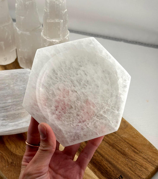 Large Hexagon Moroccan Selenite Crystal bowls natural healing crystal practice charging plate jewelry holder soap dish home decor gift her