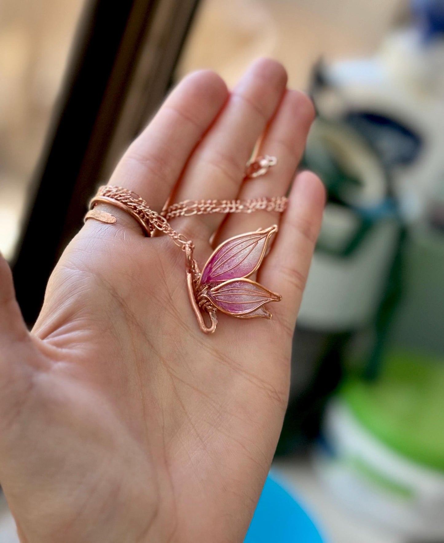 Handmade butterfly pendant Copper wire & epoxy necklace pink wing jewelry gift birthday custom 7th anniversary gold fashion accessory pearl