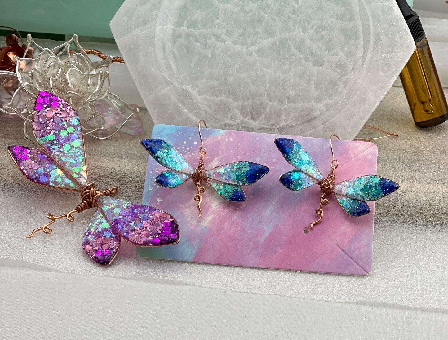 Mermaid Ocean Ombre tail necklace and earrings Copper wire & epoxy pendant jewelry set gift custom set fashion accessory delicate handmade