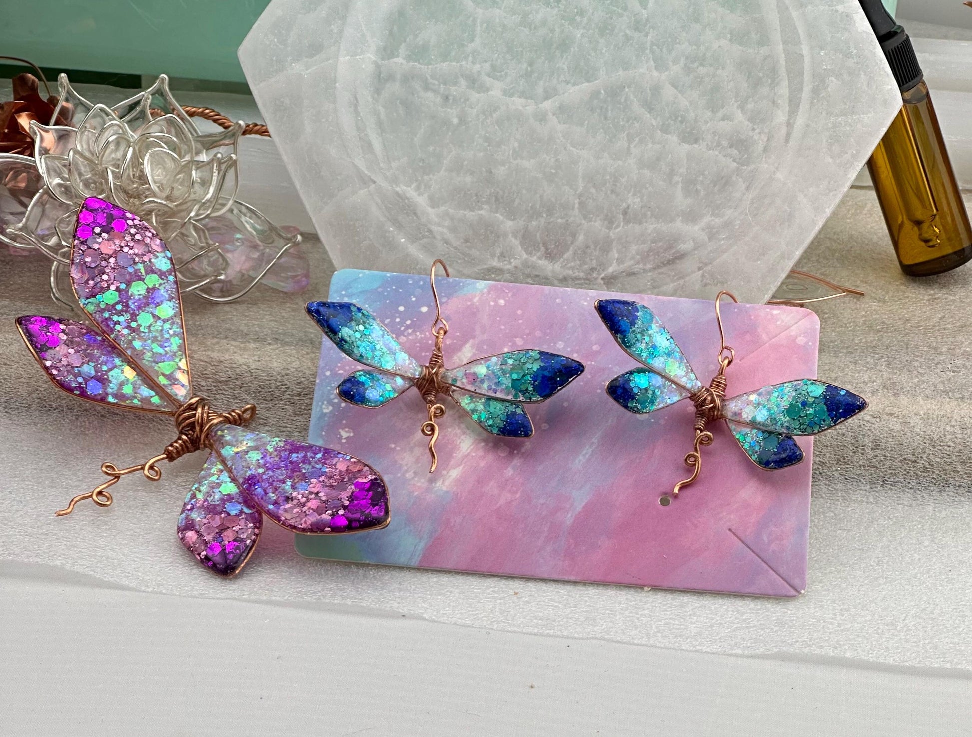 Ocean Ombre Mermaid tail earrings and necklace Copper wire & epoxy pendant jewelry set gift custom set fashion accessory delicate handmade