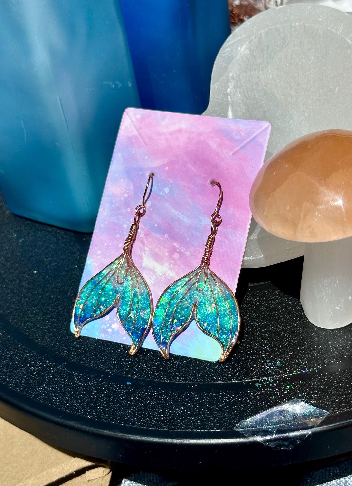 Ocean Ombre Mermaid tail earrings and necklace Copper wire & epoxy pendant jewelry set gift custom set fashion accessory delicate handmade