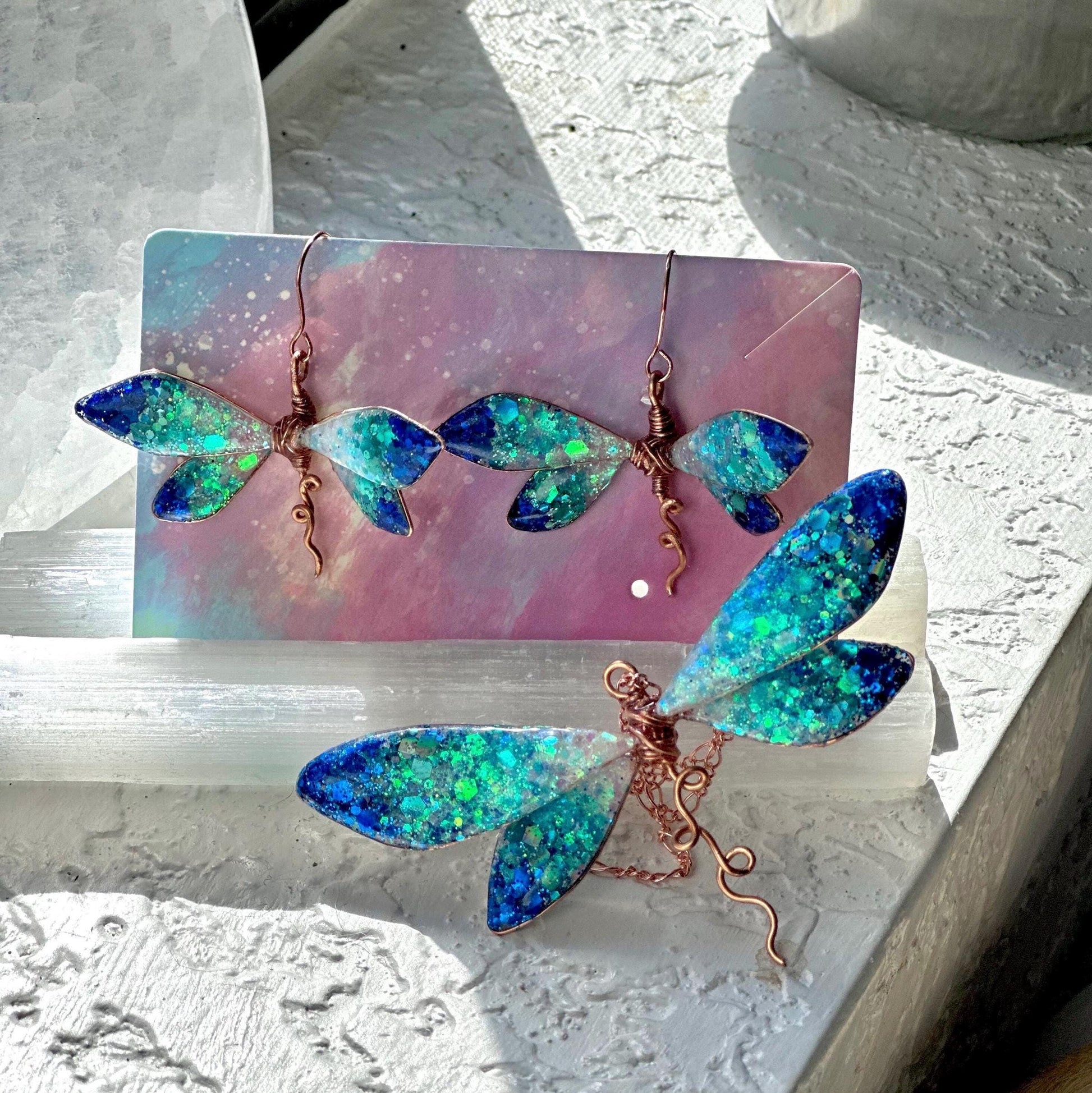 Ocean Ombre Dragonly Copper wire & epoxy pendant necklace and earrings jewelry gift birthday custom set fashion accessory delicate handmade