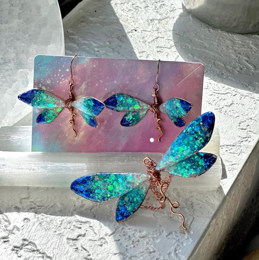 Ocean Ombre Dragonly Copper wire & epoxy pendant necklace and earrings jewelry gift birthday custom set fashion accessory delicate handmade