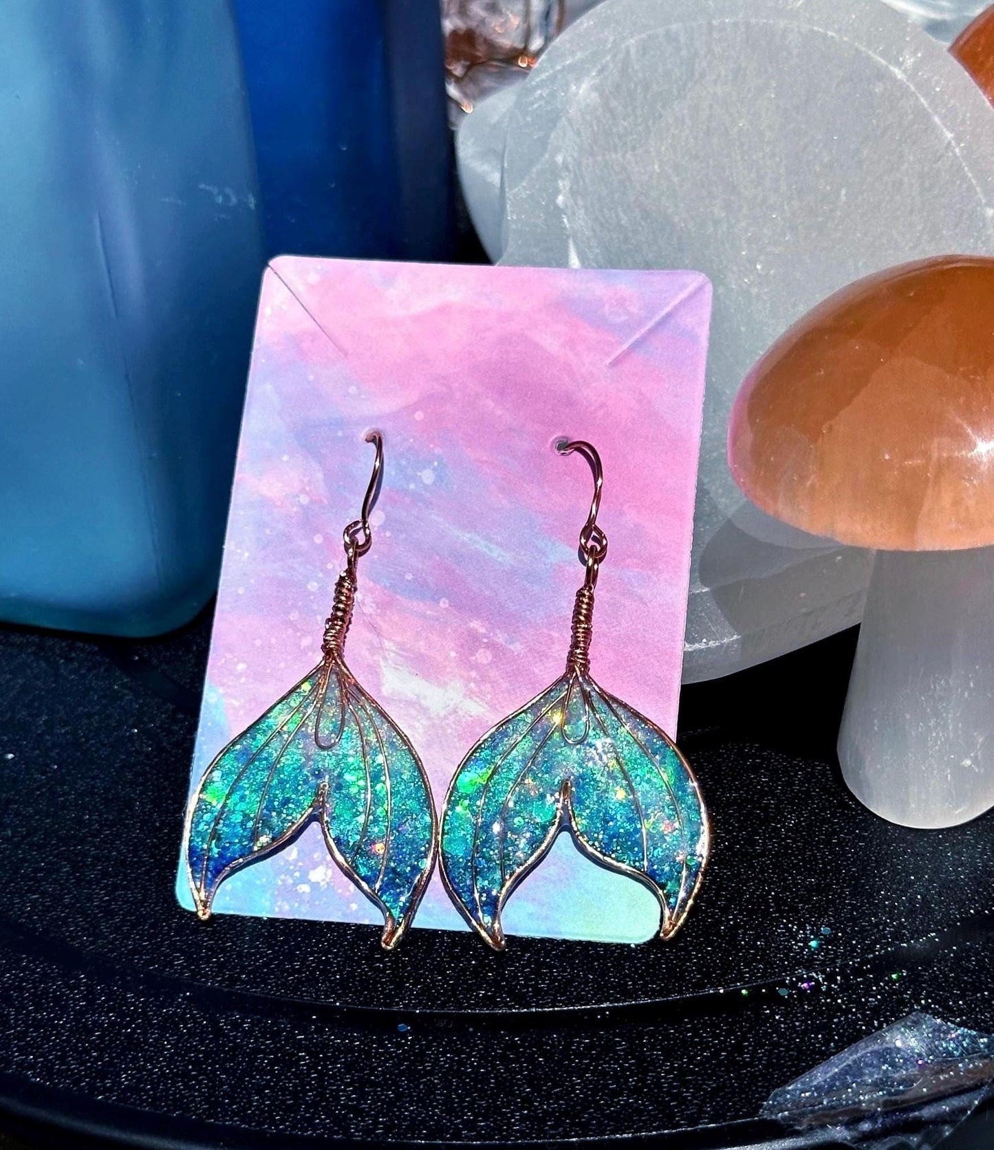 Ocean Ombre Mermaid tail earrings and necklace Copper wire & epoxy pendant jewelry set gift custom set fashion accessory delicate handmade