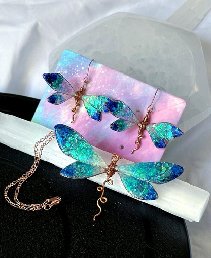 Copper wire & epoxy Ocean Ombre Dragonly earrings and pendant necklace jewelry gift birthday custom set fashion accessory delicate handmade