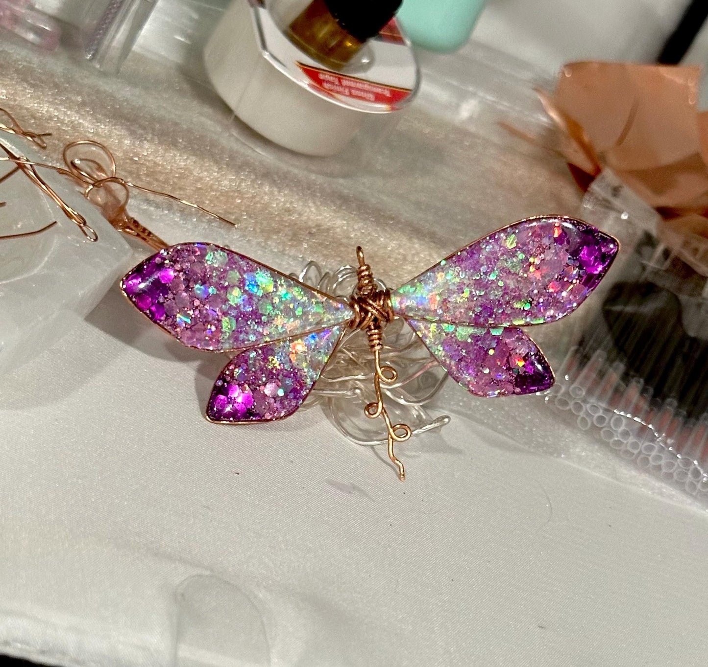 Copper wire & epoxy Handmade Dragonly pendant necklaces multiple option fairy wing jewelry gift birthday custom fashion accessory delicate