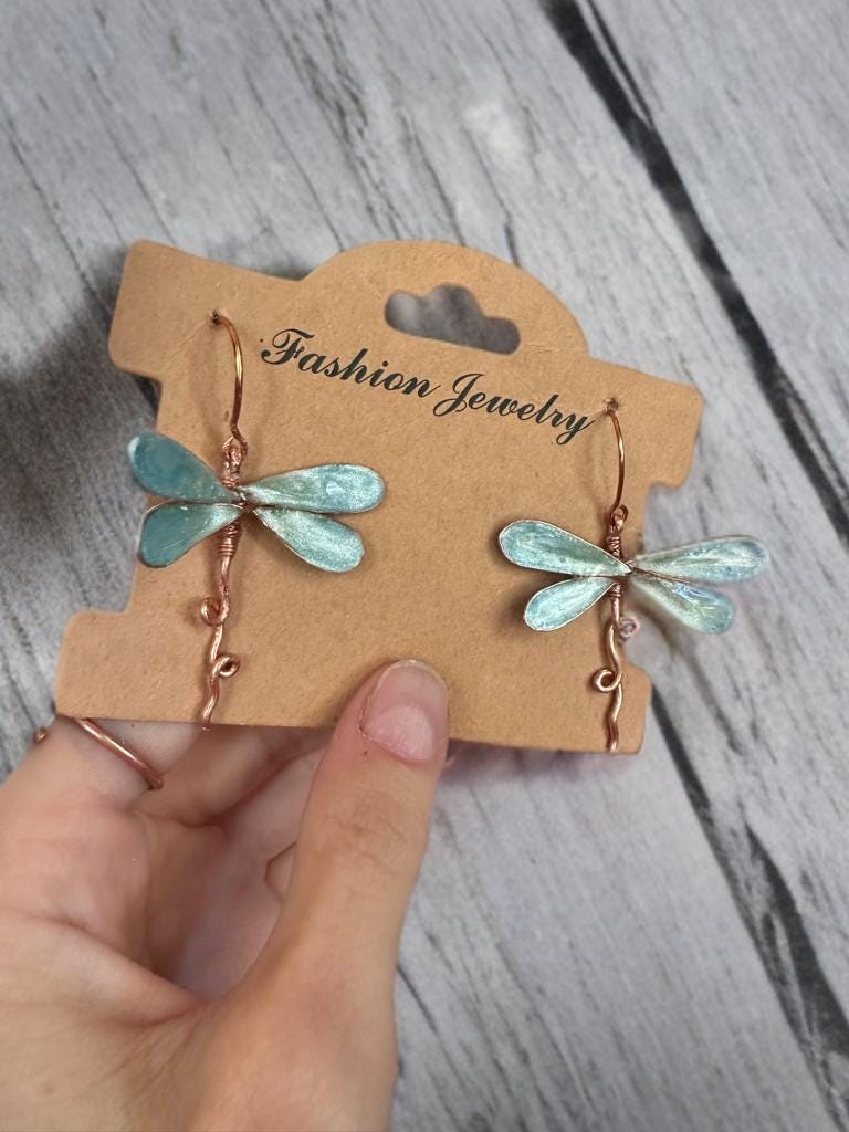 Handmade Copper wire & epoxy dragonfly pendant necklace fairy wing jewelry gift birthday custom jewelry set fashion accessory delicate bug