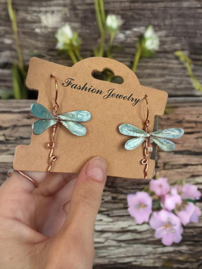 Handmade Copper wire & epoxy dragonfly earrings necklace fairy wing jewelry gift birthday custom jewelry set fashion accessory delicate bug