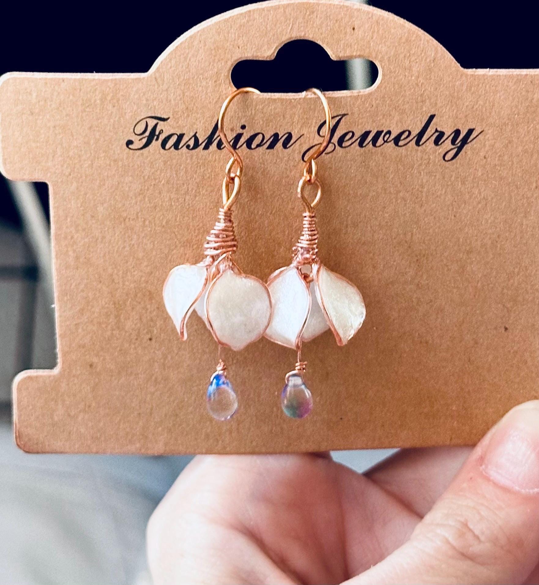 Custom Handmade Copper wire and epoxy iridescent pearl white drop flower earrings dangle earrings jewelry gift glass tear drop bead delicate