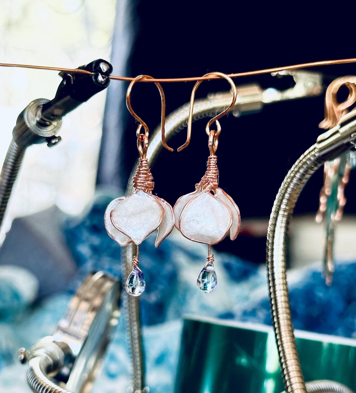 Custom Handmade Copper wire and epoxy iridescent pearl white drop flower earrings dangle earrings jewelry gift glass tear drop bead delicate