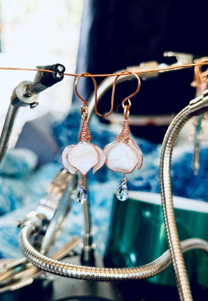 Custom Handmade Copper wire and epoxy iridescent pearl white drop flower earrings dangle earrings jewelry gift glass tear drop bead delicate