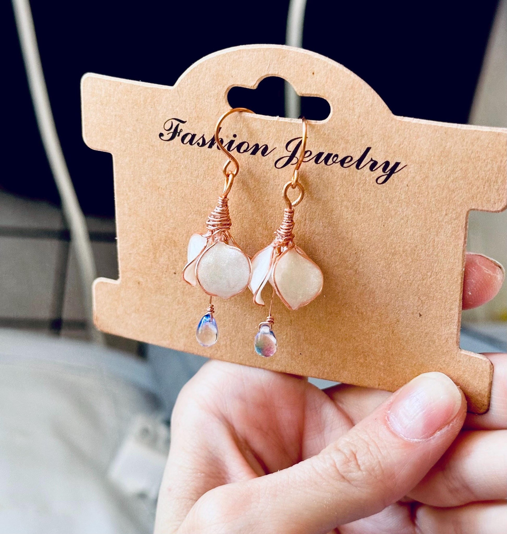 Custom Handmade Copper wire and epoxy iridescent pearl white drop flower earrings dangle earrings jewelry gift glass tear drop bead delicate