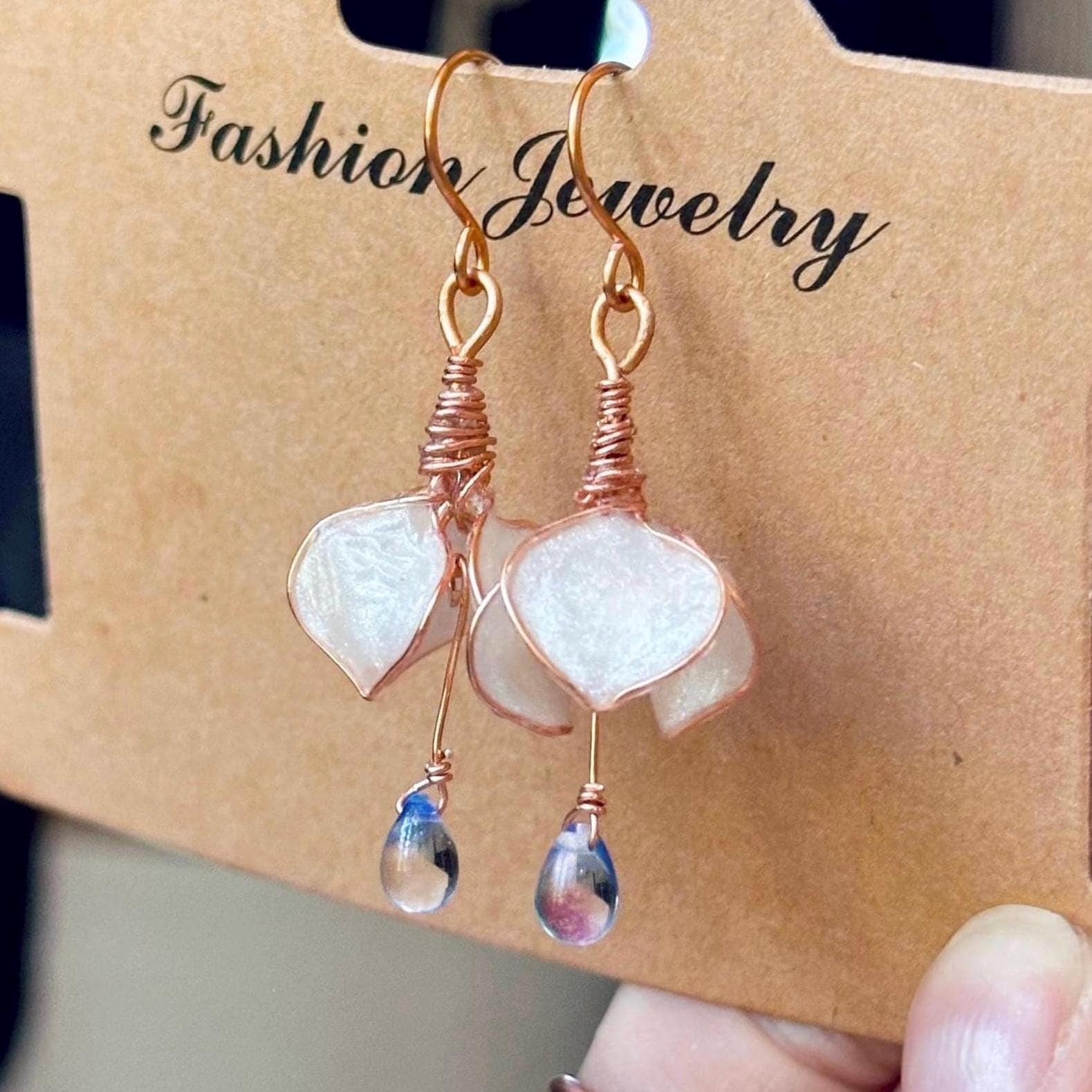 Custom Handmade Copper wire and epoxy iridescent pearl white drop flower earrings dangle earrings jewelry gift glass tear drop bead delicate