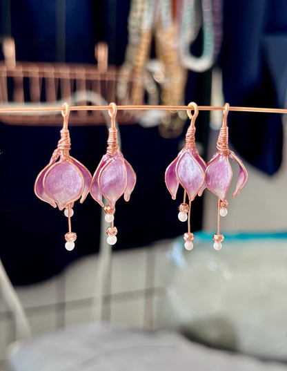 Custom Handmade Copper wire and epoxy resin drop flower dangle earrings jewelry gift glass tear drop bead delicate floral hematite gem pink