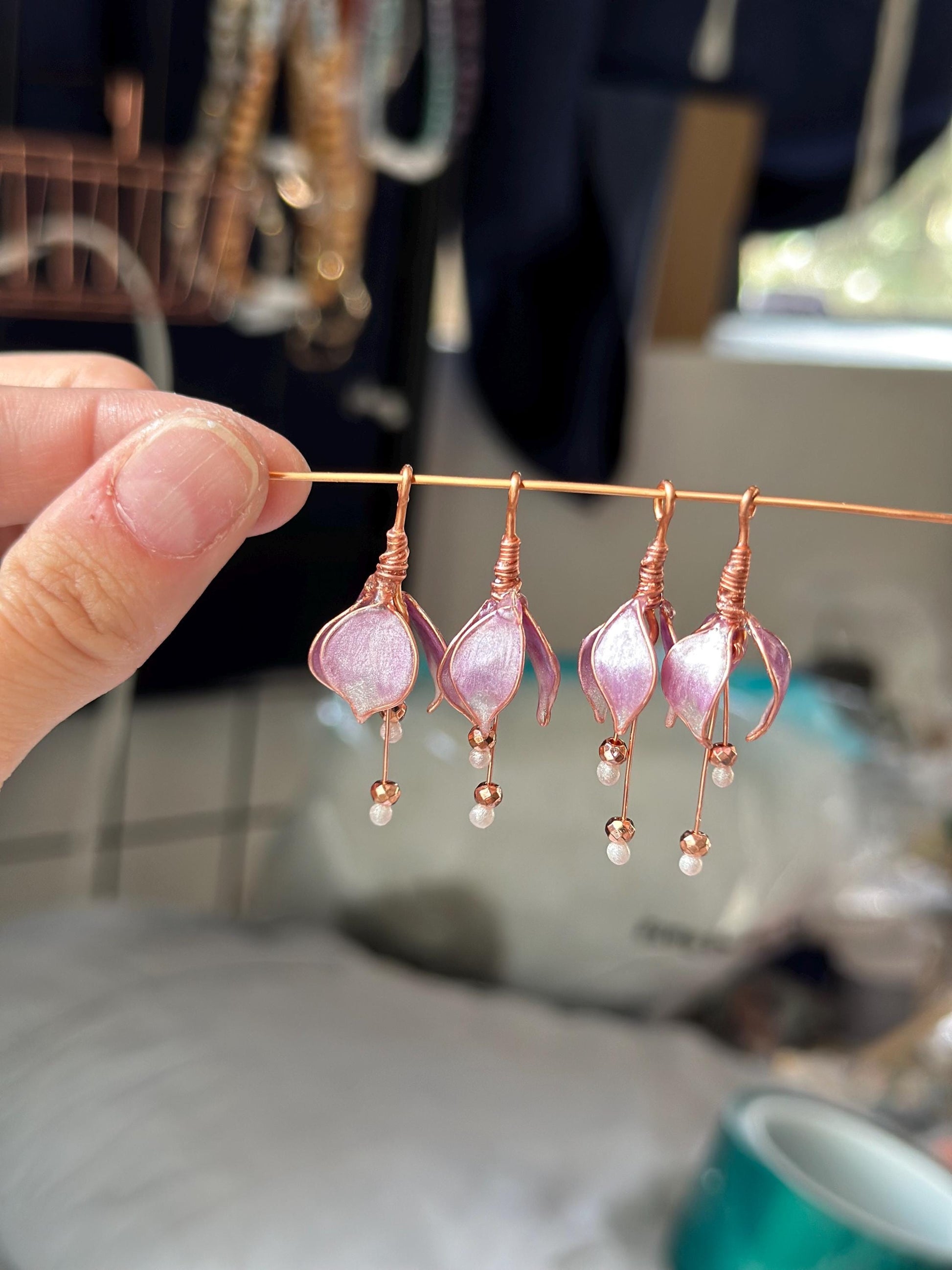 Custom Handmade Copper wire and epoxy resin drop flower dangle earrings jewelry gift glass tear drop bead delicate garden hematite bead gem