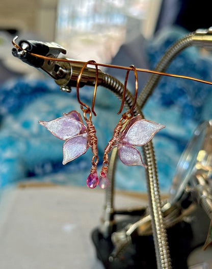 Handmade Butterfly Copper wire & epoxy dangle earrings purple wing jewelry gift birthday custom anniversary gold fashion accessory delicate