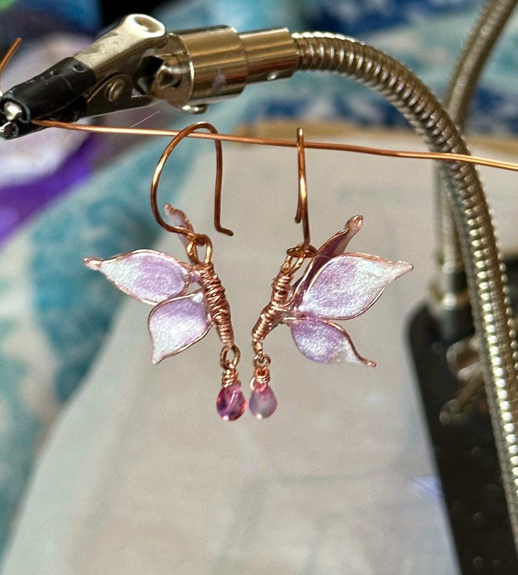 Handmade Butterfly Copper wire & epoxy dangle earrings purple wing jewelry gift birthday custom anniversary gold fashion accessory delicate