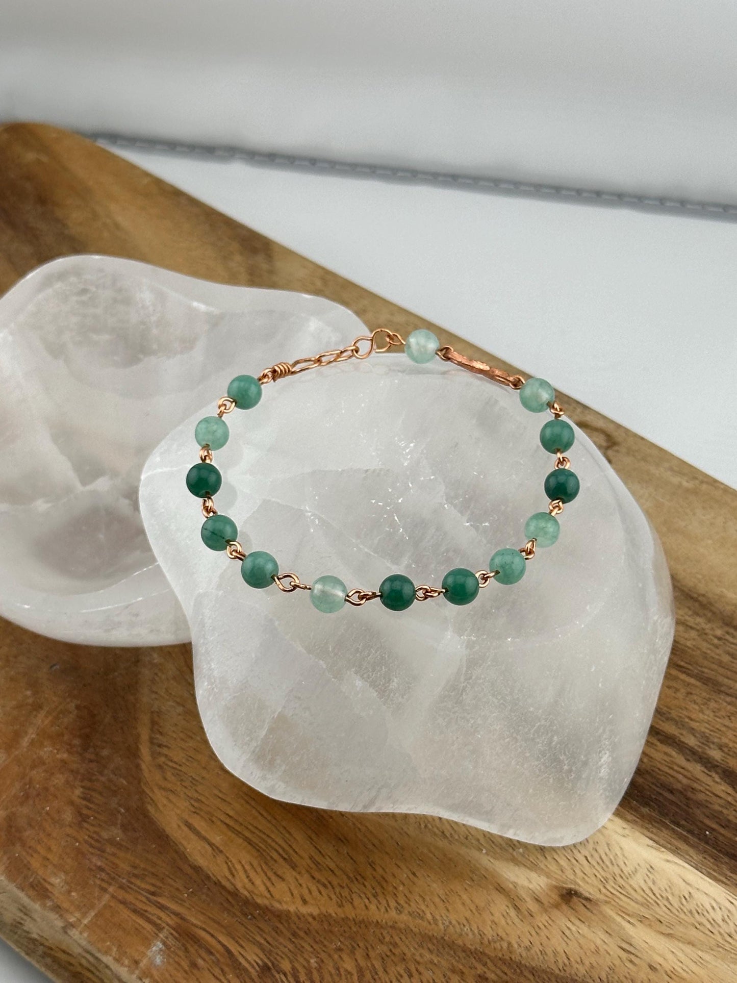 Pure Aventurine Copper link crystal bracelet luck stone jewelry heart chakra august birth sign healing natural crystal gift anti anxiety her