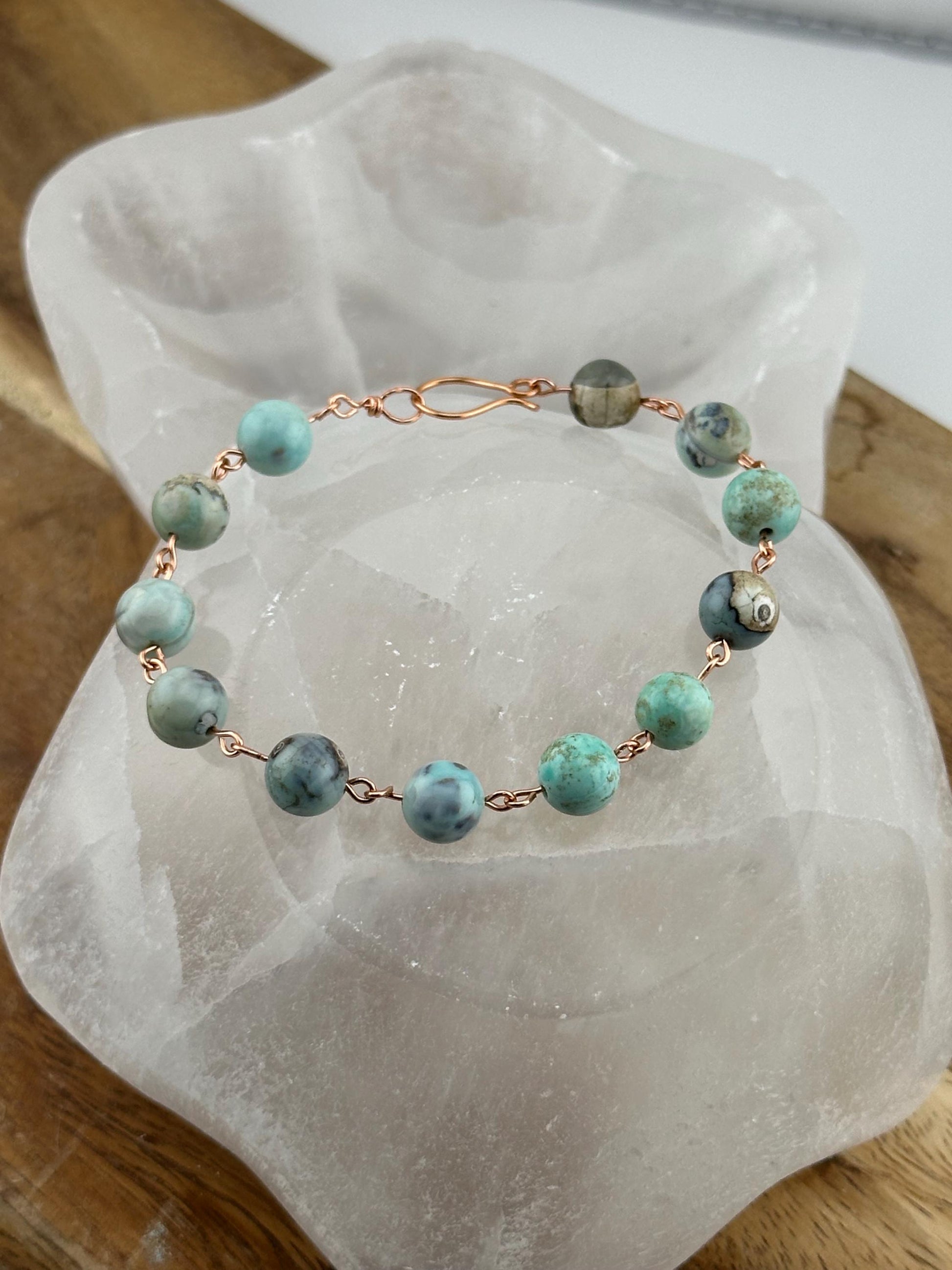 Seafoam Teal Aqua Terra Agate Copper link bracelet natural real crystal stone aids in fear sadness and depression meaningful jewelry gift