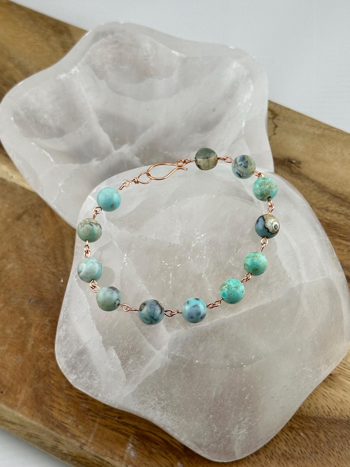 Seafoam Teal Aqua Terra Agate Copper link bracelet natural real crystal stone aids in fear sadness and depression meaningful jewelry gift