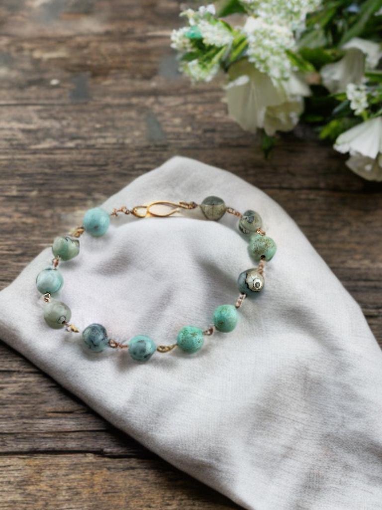 Seafoam Teal Aqua Terra Agate Copper link bracelet natural real crystal stone aids in fear sadness and depression meaningful jewelry gift