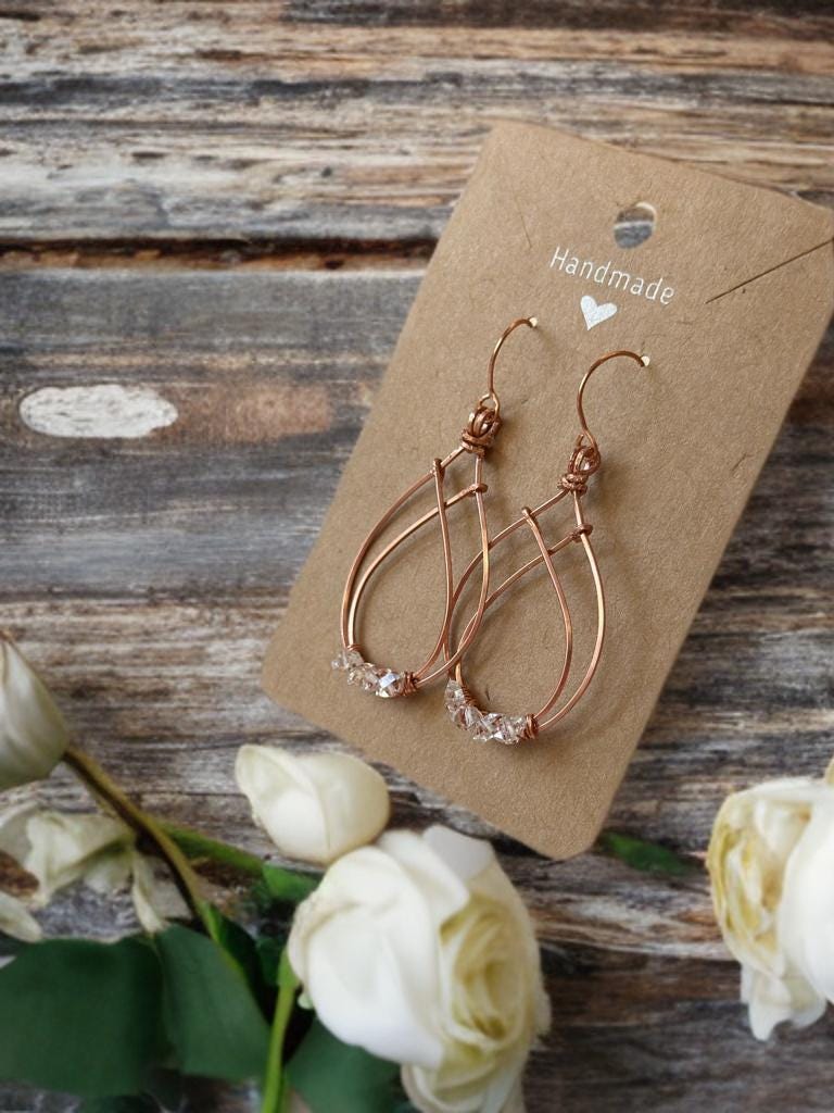 Handmade Pure Copper wire dangle earrings with Herkimer Diamonds crystal gemstone jewelry gift custom design wire wrapped stones for her art