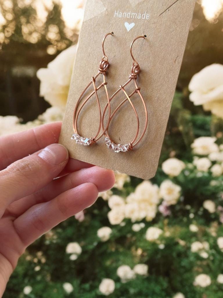 Pure Copper wire dangle drop earrings with Herkimer Diamonds crystal gemstone jewelry gift custom design wire wrapped stones for her crown