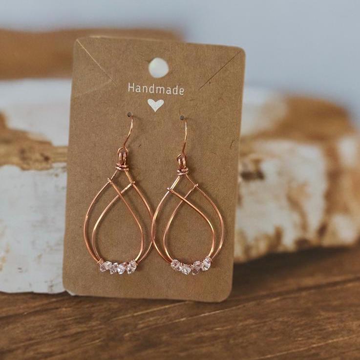 Pure Copper wire dangle drop earrings with Herkimer Diamonds crystal gemstone jewelry gift custom design wire wrapped stones for her crown