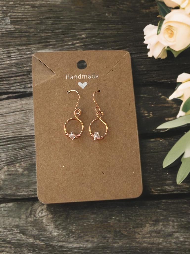 Handmade Pure Copper wire dangle drop earring with Herkimer Diamond crystal gemstone jewelry gift custom design wire wrapped stones for her