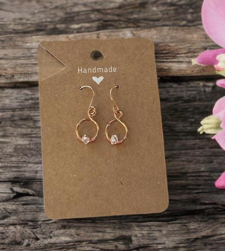 Handmade Pure Copper wire dangle drop earring with Herkimer Diamond crystal gemstone jewelry gift custom design wire wrapped stones for her