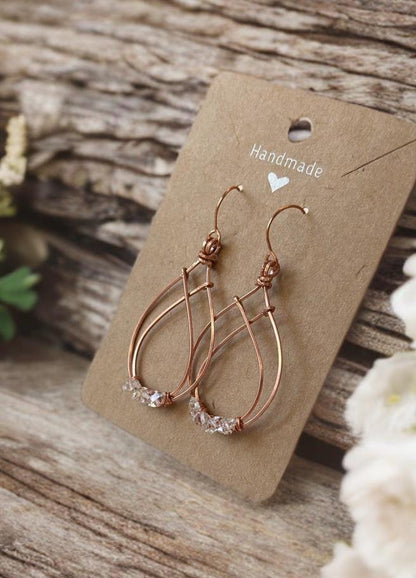 Pure Copper wire dangle drop earrings with Herkimer Diamonds crystal gemstone jewelry gift custom design wire wrapped stones for her crown