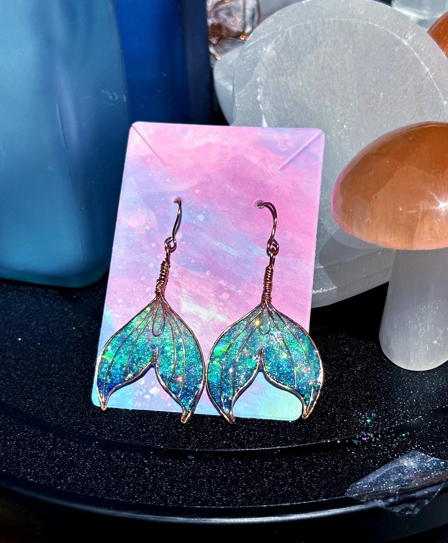 Ocean Ombre Mermaid tail necklace and earrings Copper wire & epoxy pendant jewelry set gift custom set fashion accessory delicate handmade