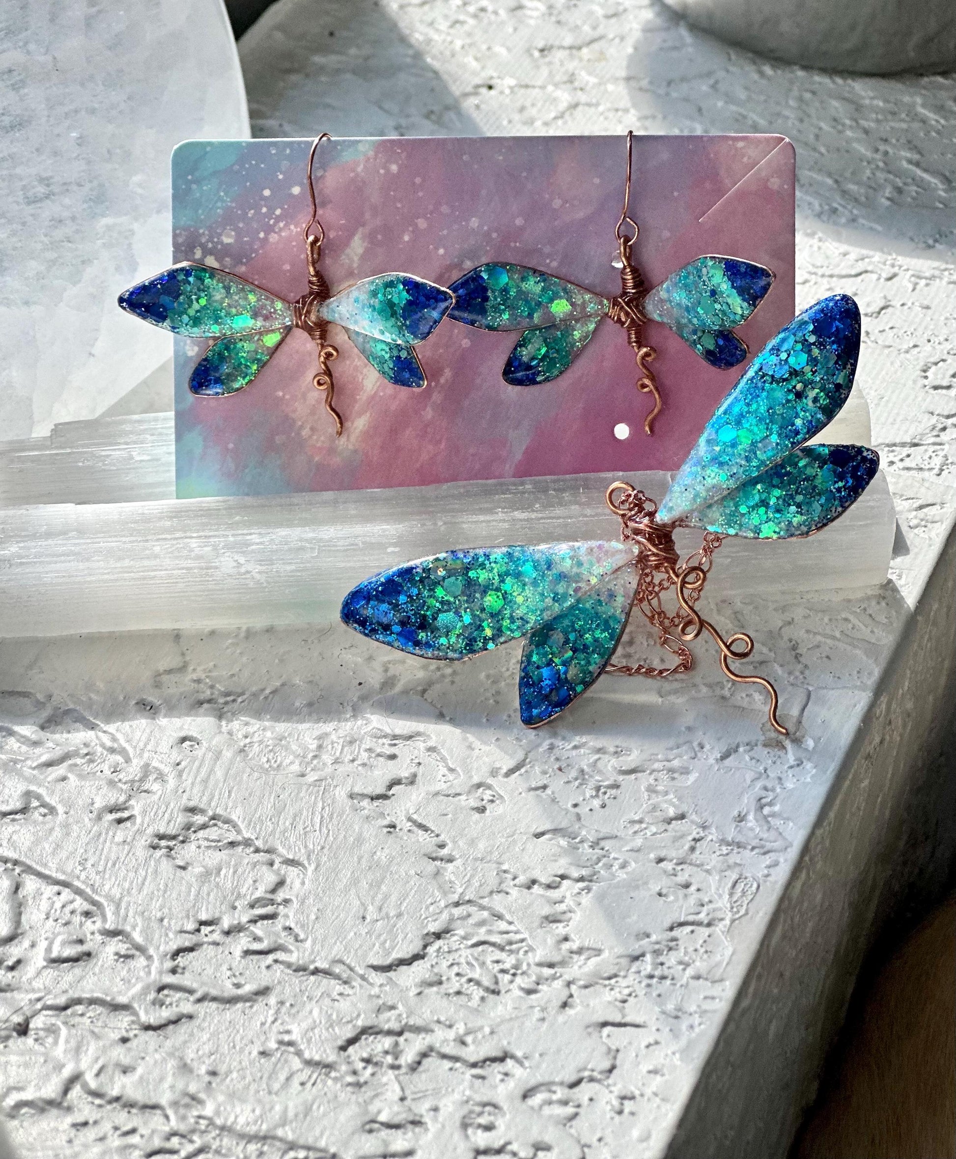 Mermaid Tail Ocean Ombre necklace and earrings Copper wire & epoxy pendant jewelry set gift custom set fashion accessory delicate handmade