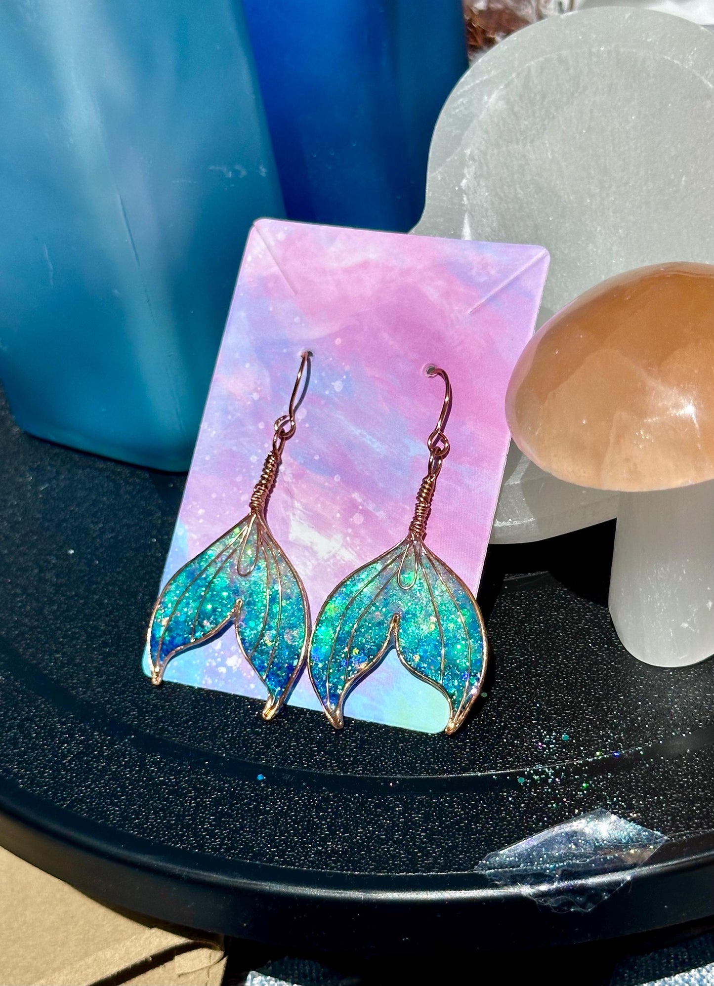 Mermaid Tail Ocean Ombre necklace and earrings Copper wire & epoxy pendant jewelry set gift custom set fashion accessory delicate handmade