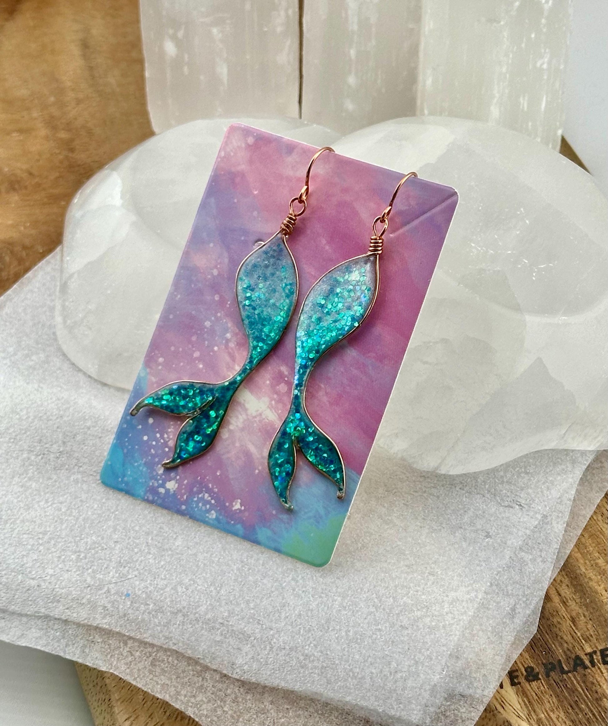 Mermaid body and Tail Ocean Ombre earrings Copper wire & epoxy pendant jewelry set gift custom set fashion accessory delicate handmade art