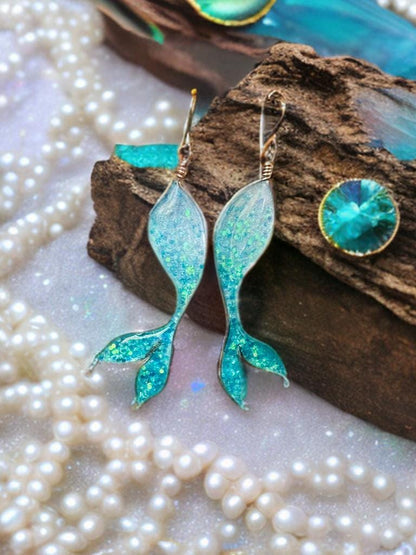 Mermaid body and Tail Ocean Ombre earrings Copper wire & epoxy pendant jewelry set gift custom set fashion accessory delicate handmade art