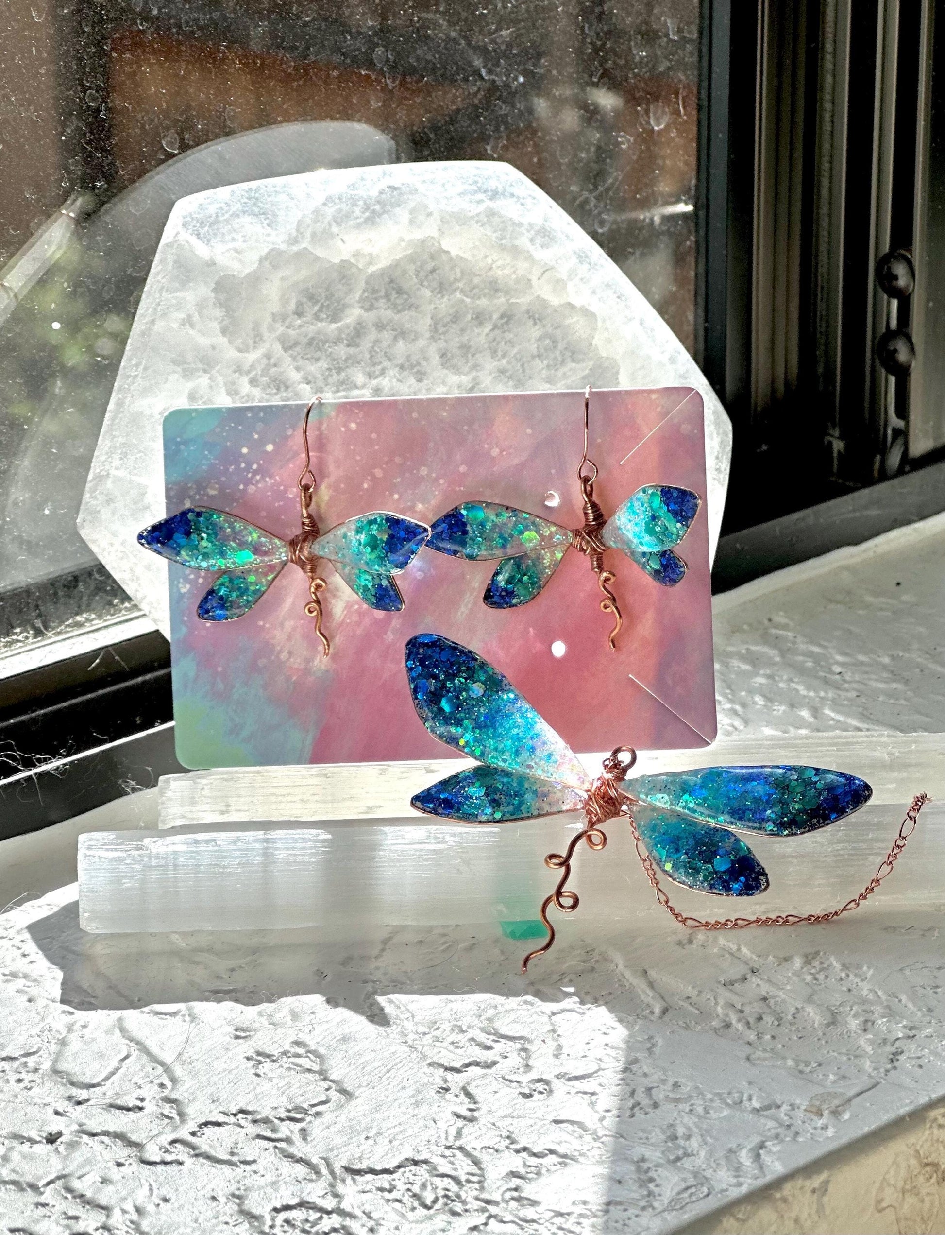 Ocean Ombre Dragonly Copper wire & epoxy pendant necklace and earrings jewelry gift birthday custom set fashion accessory delicate handmade