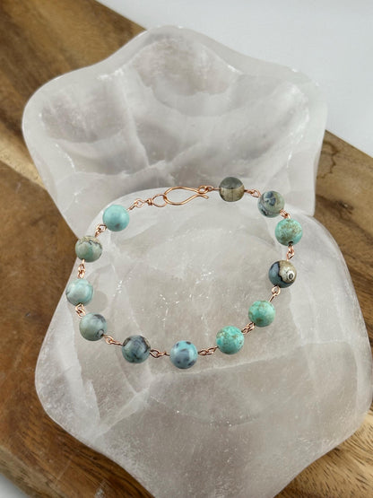 Seafoam Teal Aqua Terra Agate Copper link bracelet natural real crystal stone aids in fear sadness and depression meaningful jewelry gift