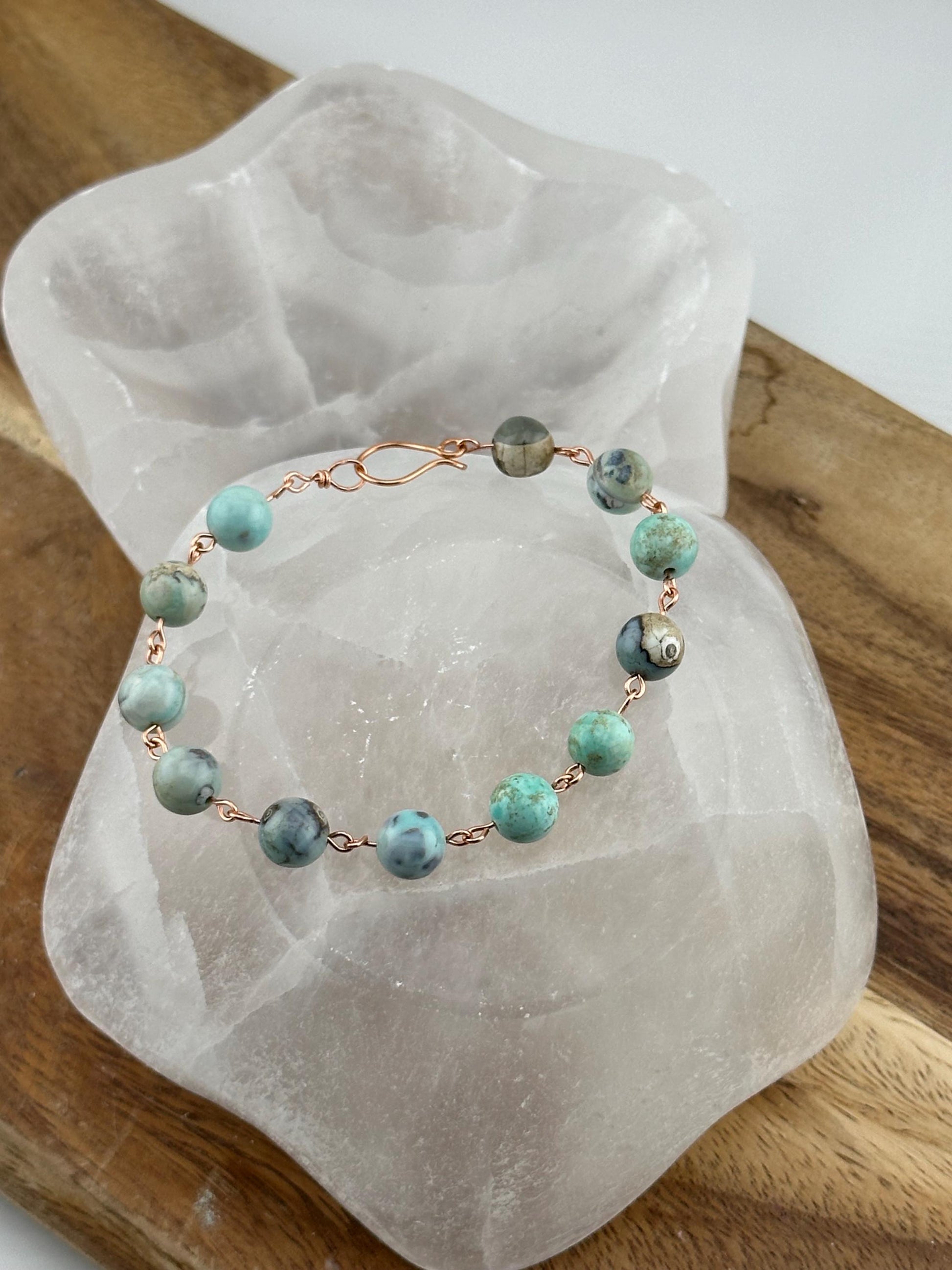 Seafoam Teal Aqua Terra Agate Copper link bracelet natural real crystal stone aids in fear sadness and depression meaningful jewelry gift