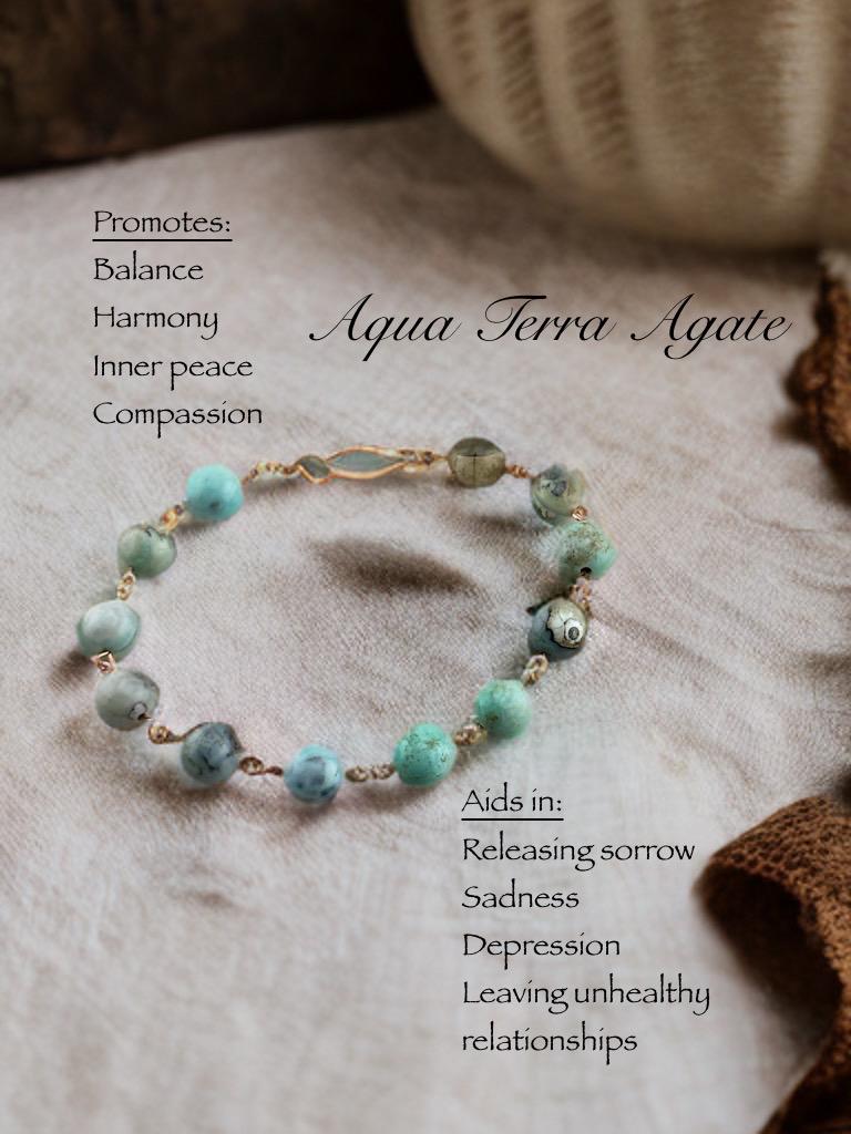 Seafoam Teal Aqua Terra Agate Copper link bracelet natural real crystal stone aids in fear sadness and depression meaningful jewelry gift