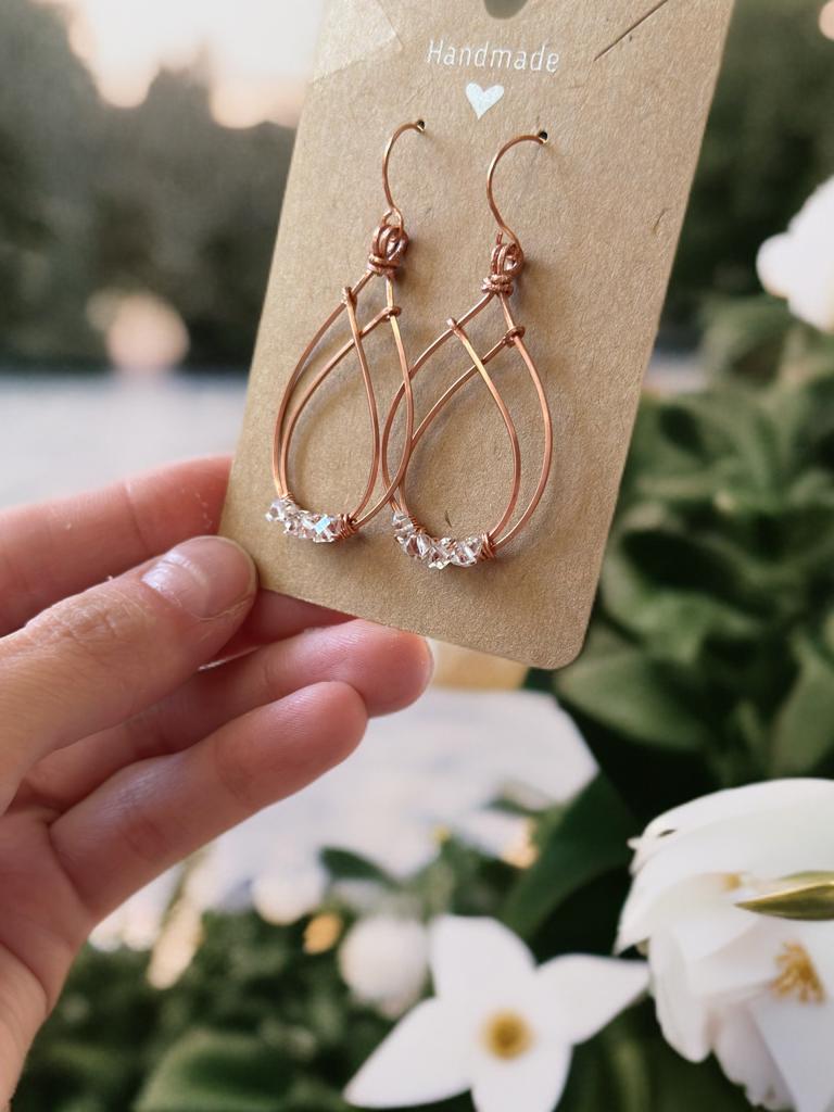 Pure Copper wire dangle drop earrings with Herkimer Diamonds crystal gemstone jewelry gift custom design wire wrapped stones for her crown