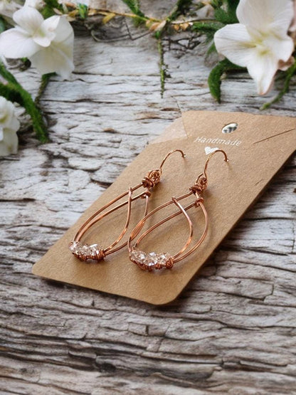 Handmade Pure Copper wire dangle earrings with Herkimer Diamonds crystal gemstone jewelry gift custom design wire wrapped stones for her art