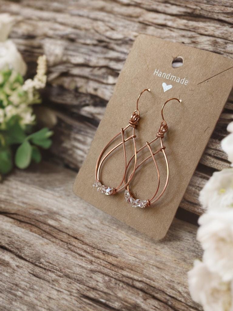 Handmade Pure Copper wire dangle earrings with Herkimer Diamonds crystal gemstone jewelry gift custom design wire wrapped stones for her art