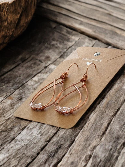 Handmade Pure Copper wire dangle earrings with Herkimer Diamonds crystal gemstone jewelry gift custom design wire wrapped stones for her art