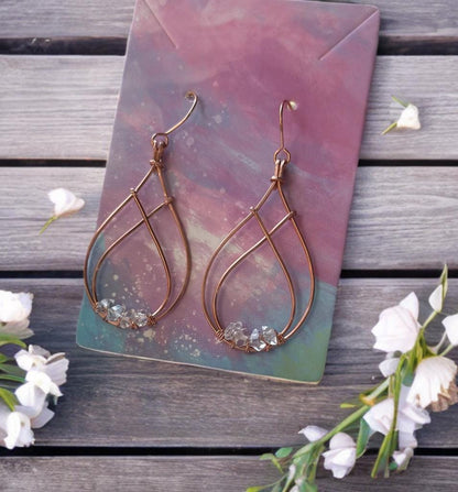 Handmade Pure Copper wire dangle earrings with Herkimer Diamonds crystal gemstone jewelry gift custom design wire wrapped stones for her art