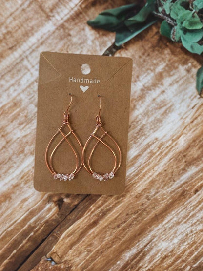 Handmade Pure Copper wire dangle earrings with Herkimer Diamonds crystal gemstone jewelry gift custom design wire wrapped stones for her art