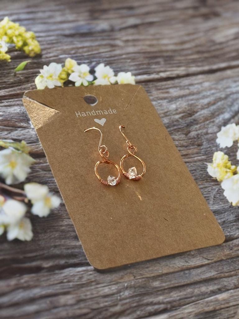 Handmade Pure Copper wire dangle drop earring with Herkimer Diamond crystal gemstone jewelry gift custom design wire wrapped stones for her