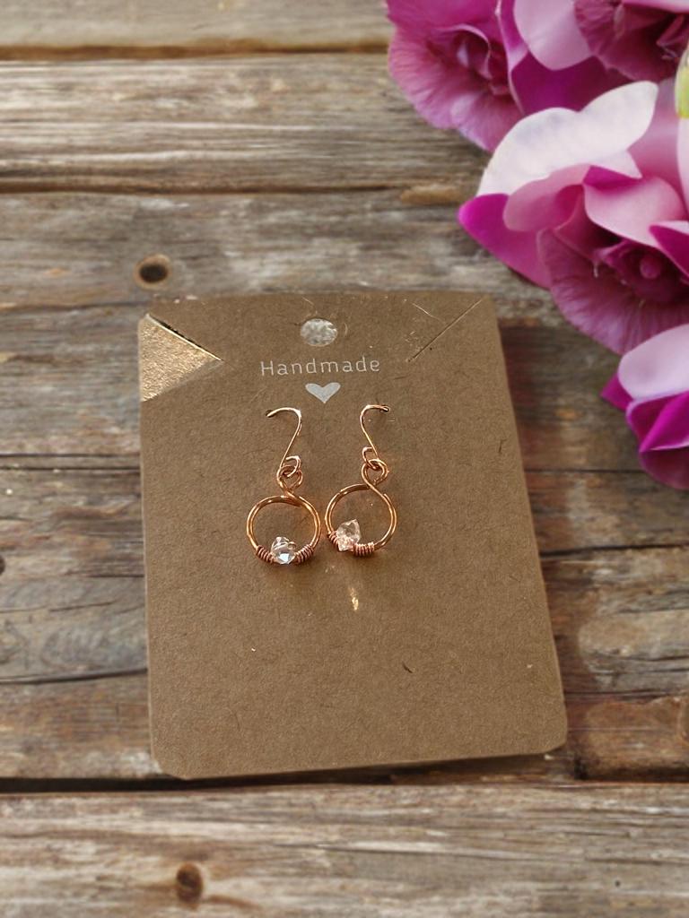 Handmade Pure Copper wire dangle drop earring with Herkimer Diamond crystal gemstone jewelry gift custom design wire wrapped stones for her