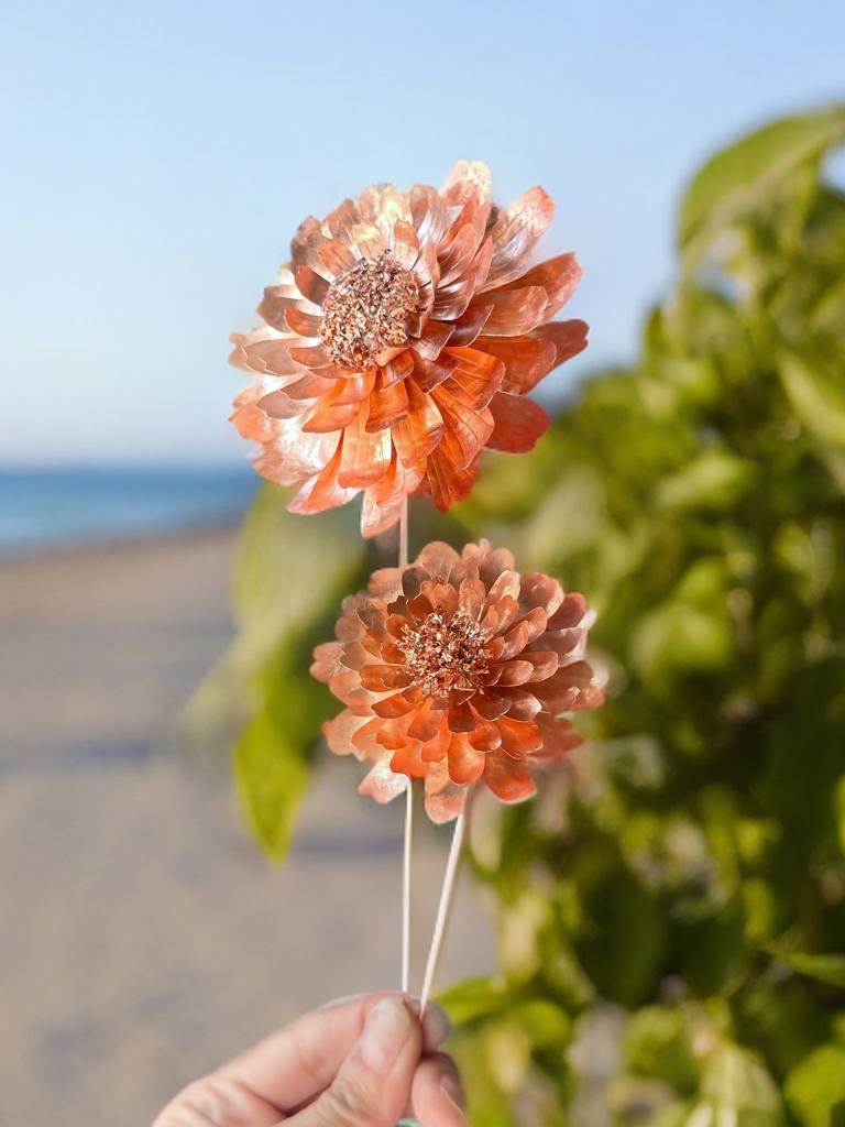 Handmade Pure Copper Zinnia Forever Flower 7 year anniversary gift Custom design artificial flower birthday new baby shower hand stamped art